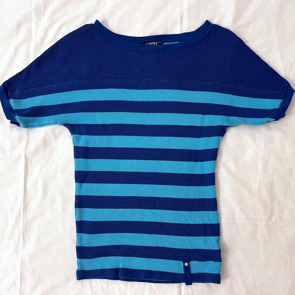 Lauren Active by Ralph Lauren Women’s Waffle Knit Blue Stripe T-shirt, XS
